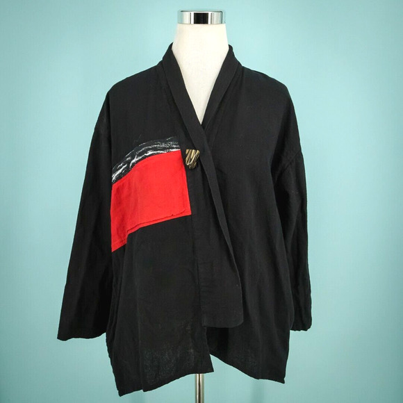 Cupcake International Size Large L Black Red Asymmetrical Button Artsy Jacket - Picture 1 of 6